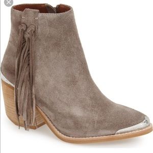 Jeffrey Campbell gray suede bootie with fringe